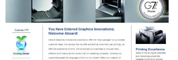 screenshot of Graphics Innovations.com. Top of page shows a grey Heidelburg speedmaster press