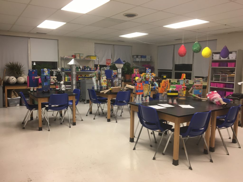 The Maker's Space at Good Shepherd. Designed to engage students in exploration and kinesthetic learning the room is full of science tables, robots, colored paper and other tools.