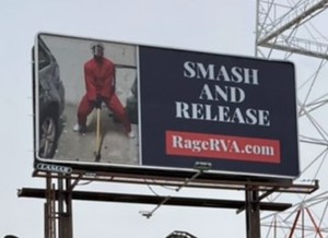 billboard for ragerva showing a man with a sledgehammer